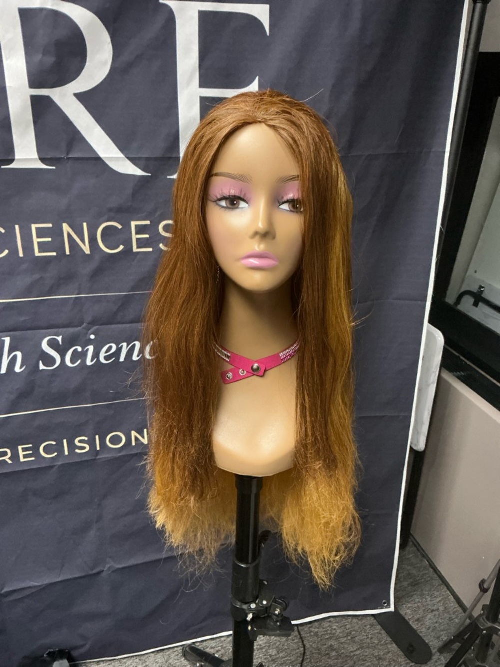 Boss Long Brown Ombre Synthetic Wig with Pink Accent